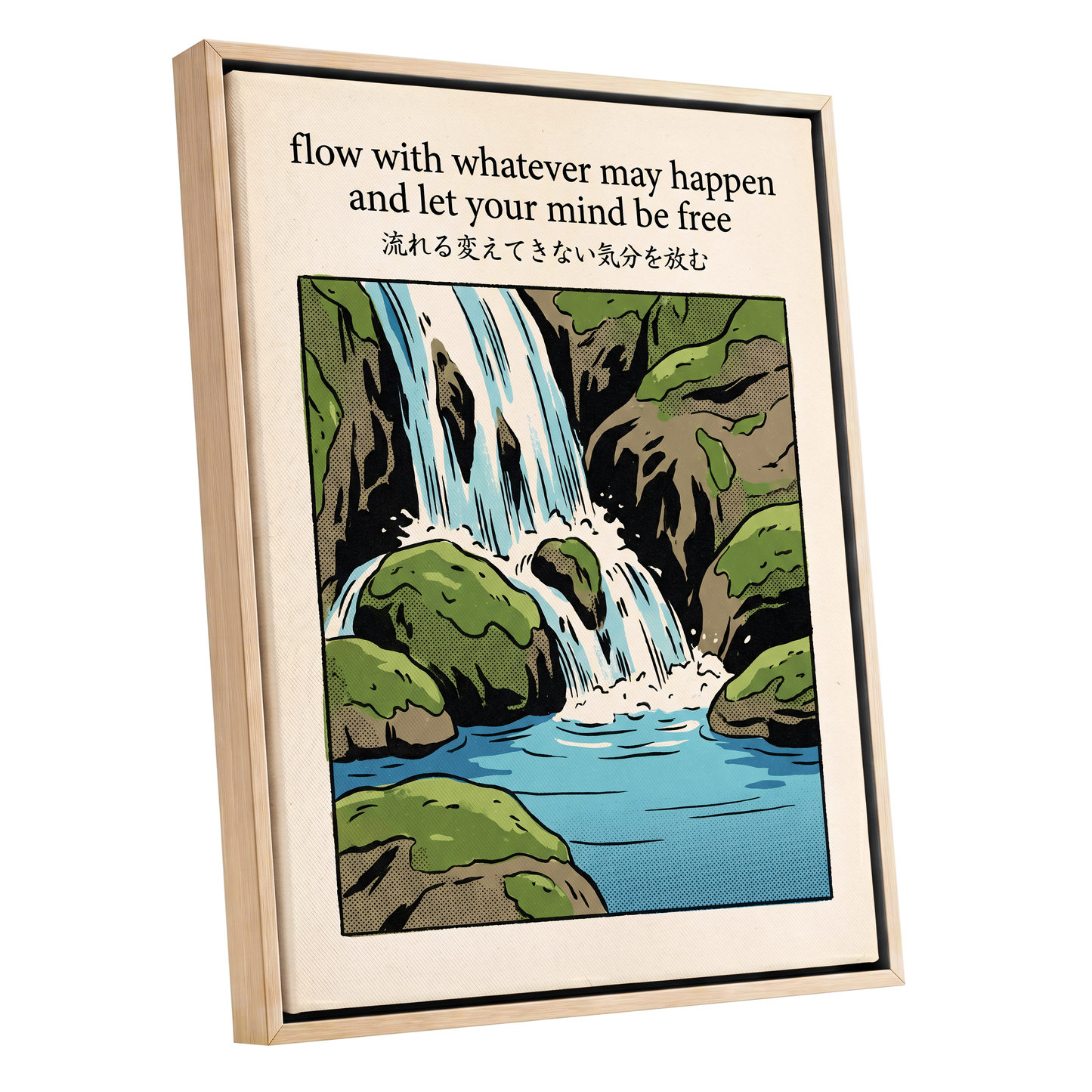 Free-Flowing Falls, beige, black, green nature wall art shown as a oak framed canvas wall art