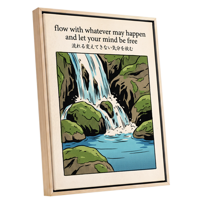 Free-Flowing Falls, beige, black, green nature wall art shown as a oak framed canvas wall art