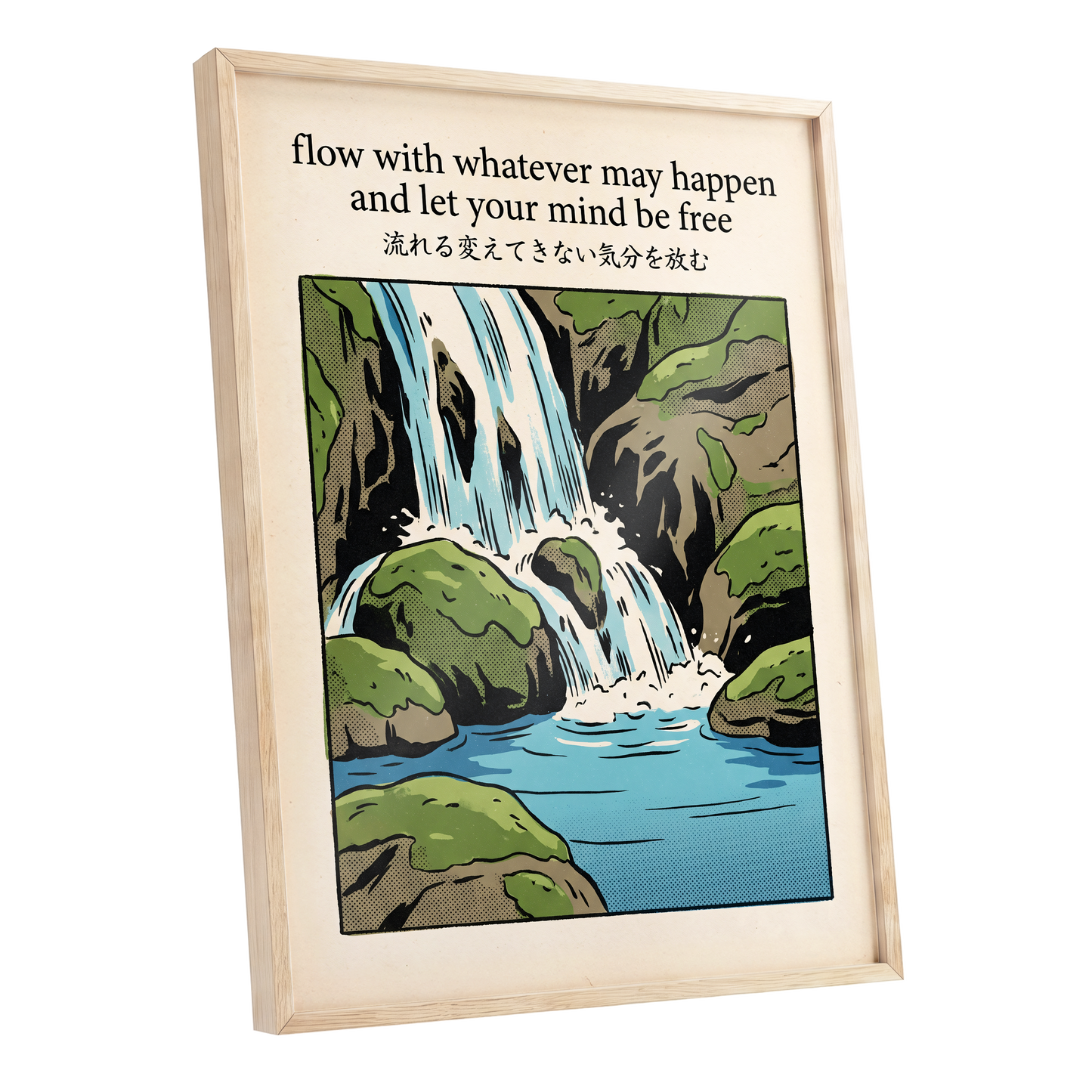 Free-Flowing Falls, beige, black, green nature wall art shown as a oak framed poster wall art print