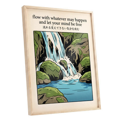 Free-Flowing Falls, beige, black, green nature wall art shown as a oak framed poster wall art print