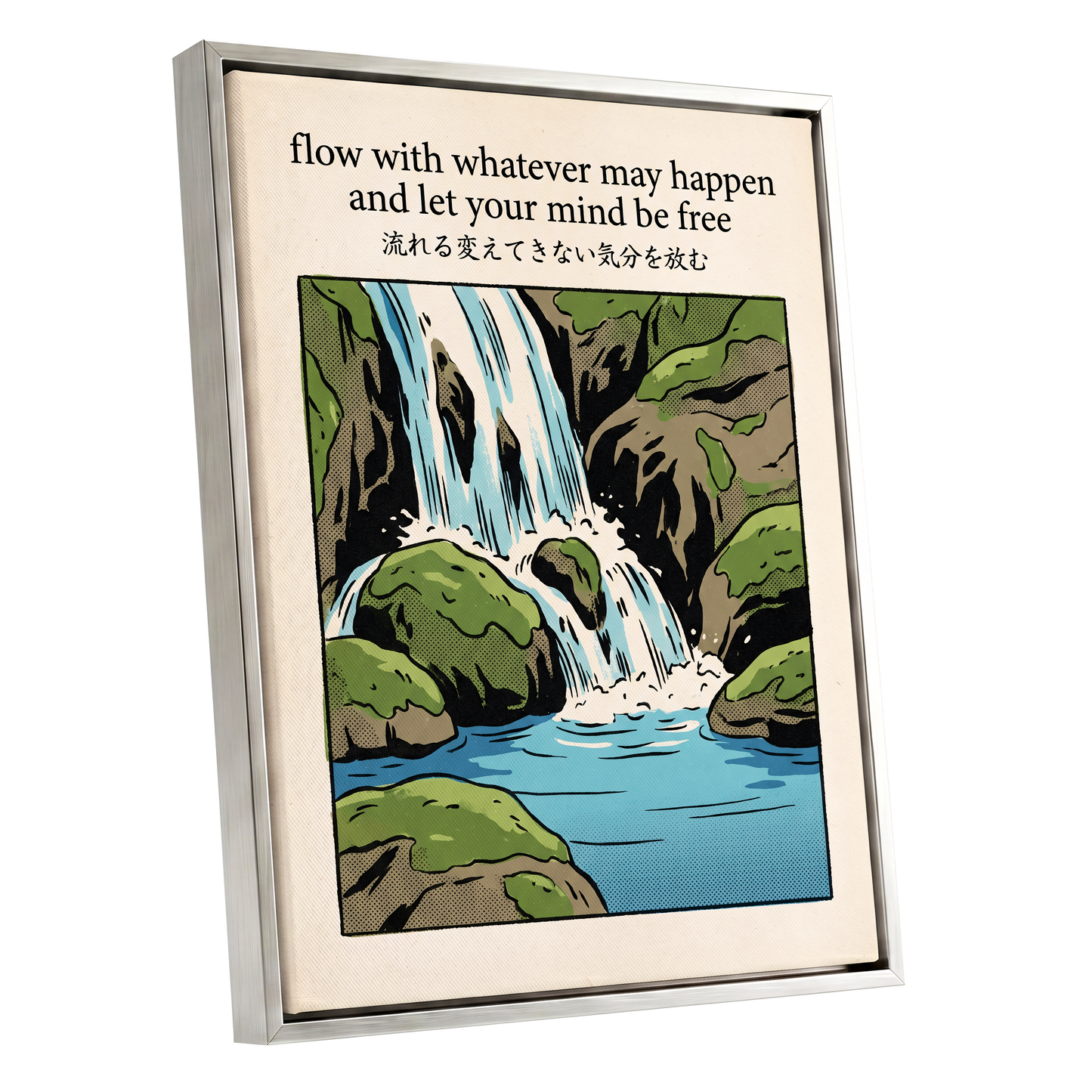Free-Flowing Falls, beige, black, green nature wall art shown as a silver framed canvas wall art