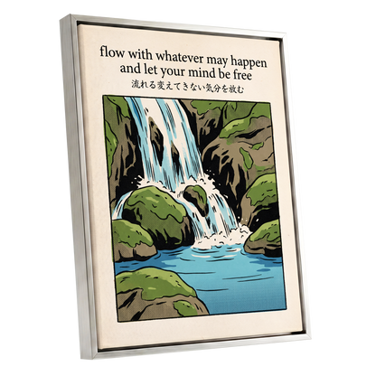 Free-Flowing Falls, beige, black, green nature wall art shown as a silver framed canvas wall art