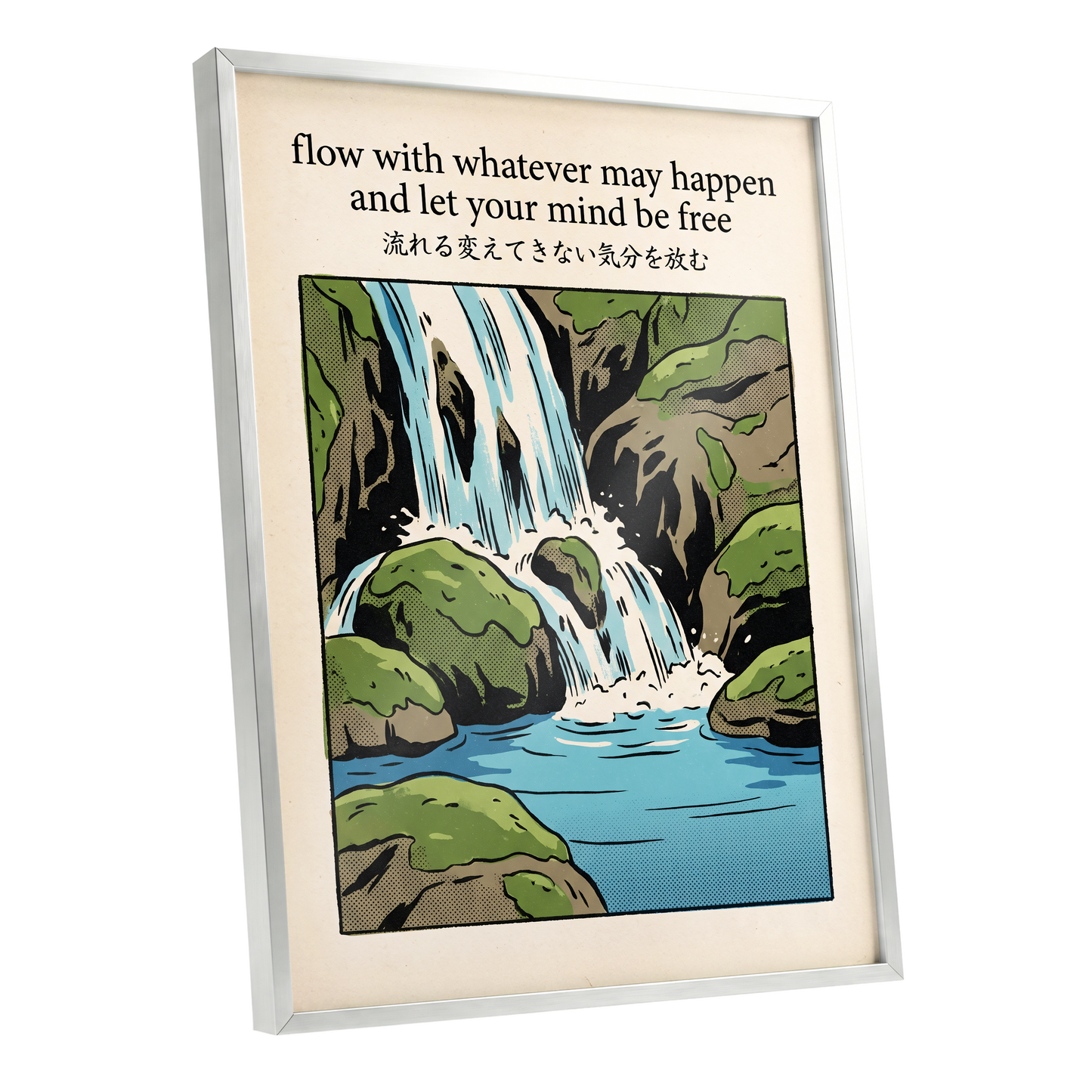 Free-Flowing Falls, beige, black, green nature wall art shown as a silver framed poster wall art print
