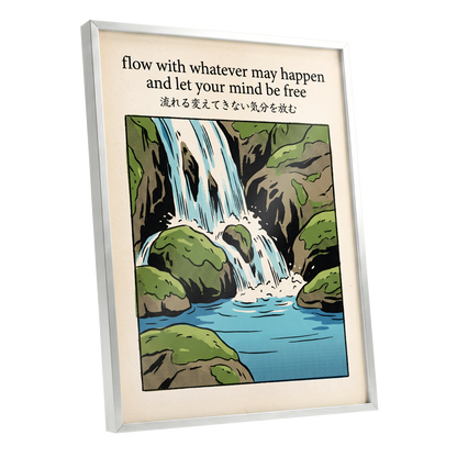 Free-Flowing Falls, beige, black, green nature wall art shown as a silver framed poster wall art print