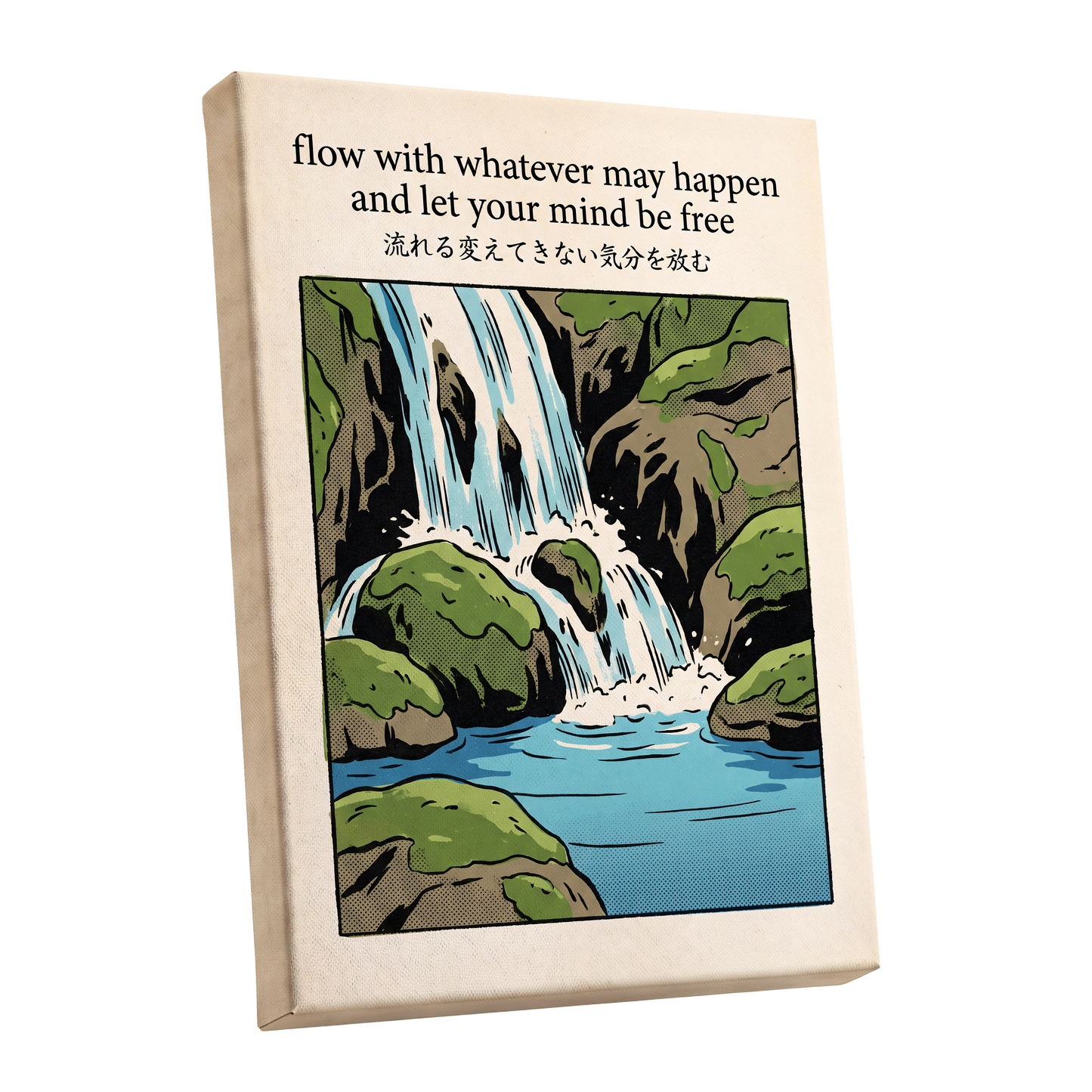 Free-Flowing Falls, beige, black, green nature wall art shown as a stretched canvas wall art