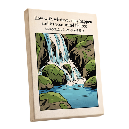 Free-Flowing Falls, beige, black, green nature wall art shown as a stretched canvas wall art