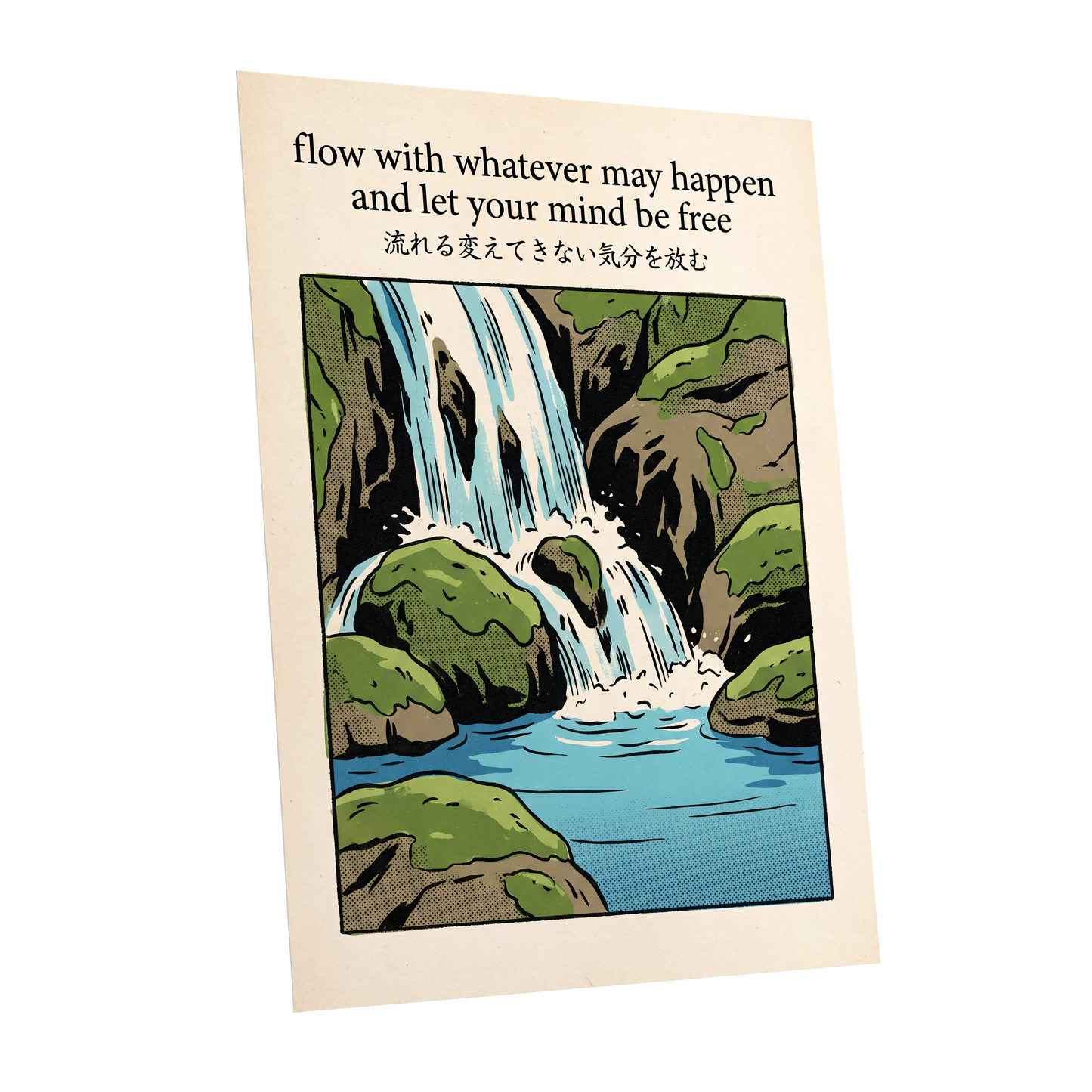 Free-Flowing Falls, beige, black, green nature wall art shown as a unframed poster wall art print