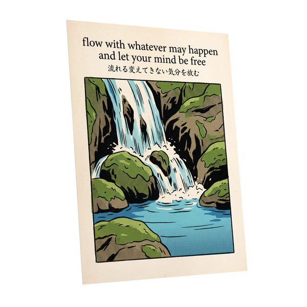 Free-Flowing Falls, beige, black, green nature wall art shown as a unframed poster wall art print