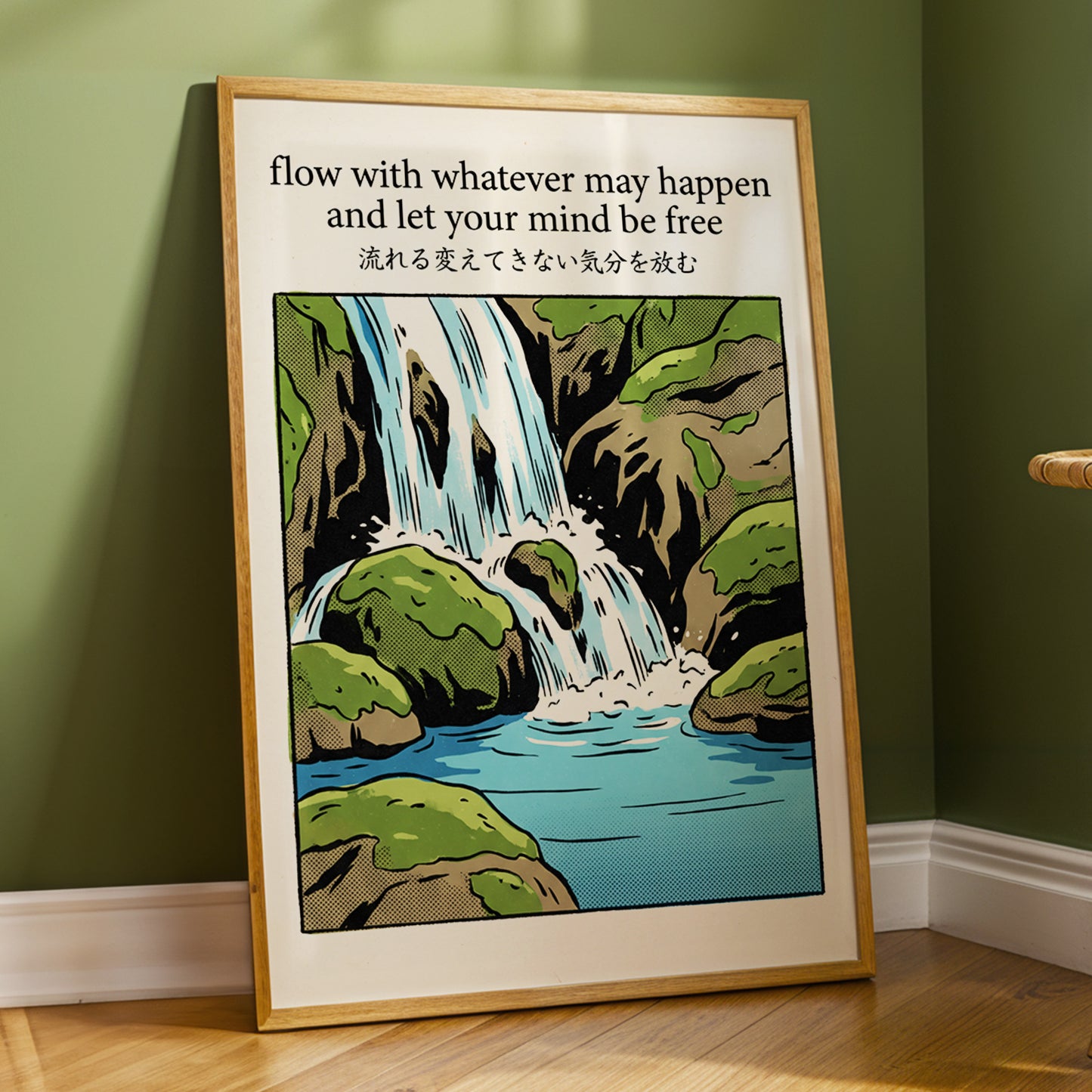 Free-Flowing Falls, beige, black, green nature wall art displayed in a styled interior, gallery view 2