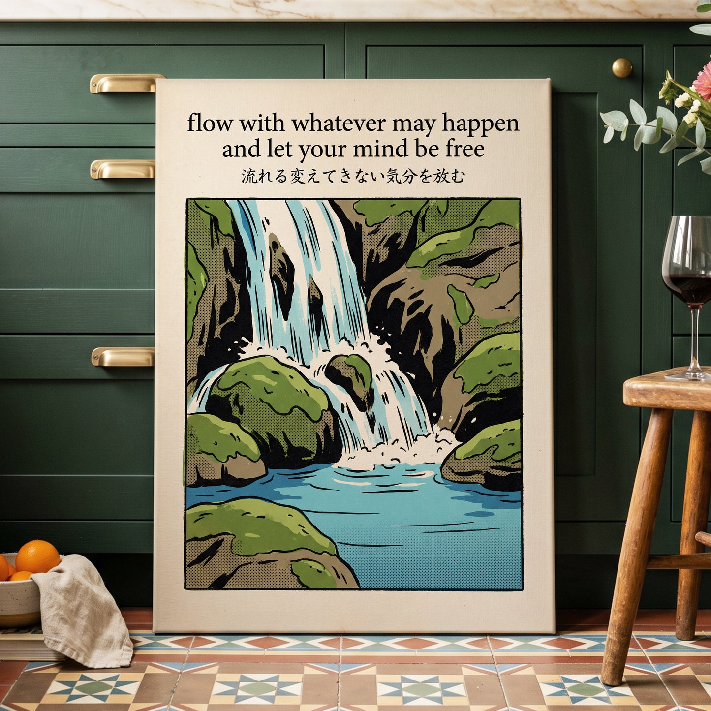 Free-Flowing Falls, beige, black, green nature wall art displayed in a styled interior, gallery view 3