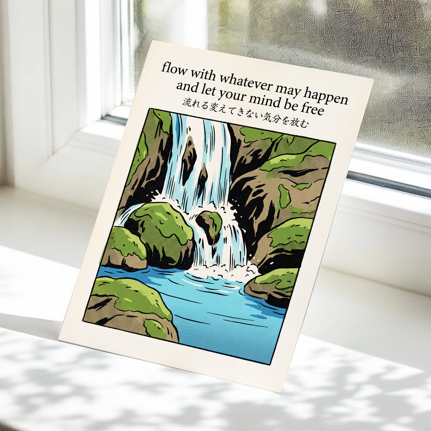 Free-Flowing Falls, beige, black, green nature wall art displayed in a styled interior, gallery view 5