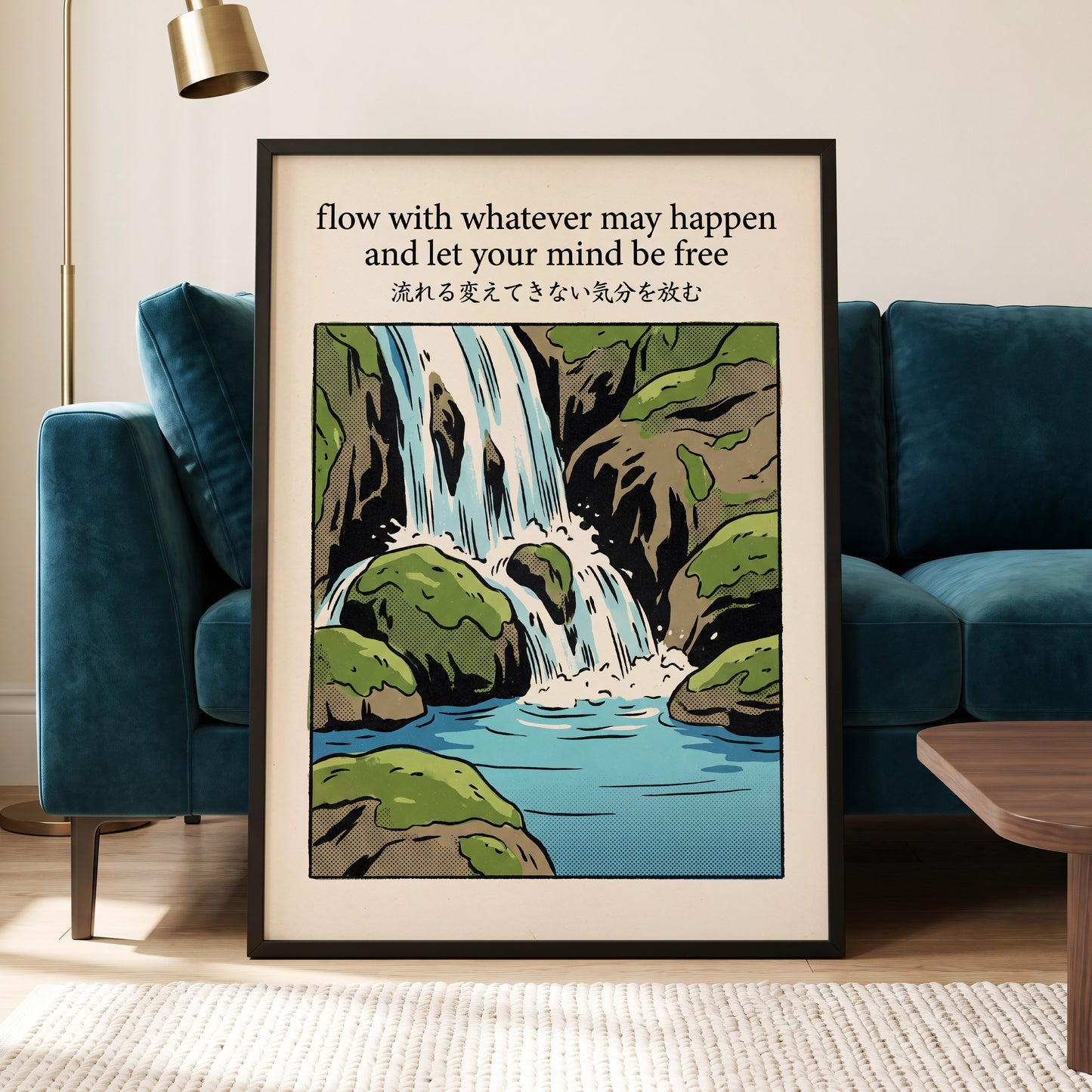 Free-Flowing Falls, beige, black, green nature wall art displayed in a styled interior, gallery view 6