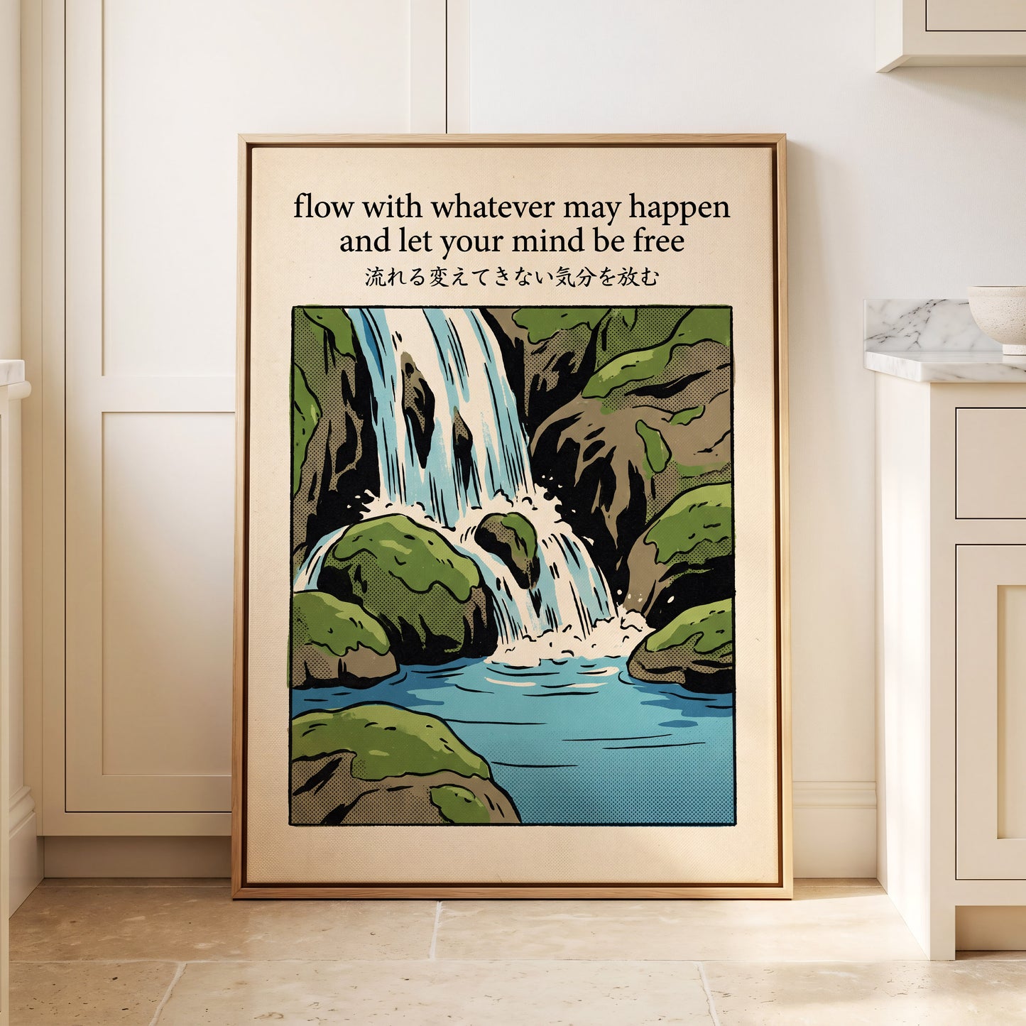 Free-Flowing Falls, beige, black, green nature wall art displayed in a styled interior, gallery view 8