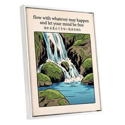 Free-Flowing Falls, beige, black, green nature wall art shown as a white framed canvas wall art