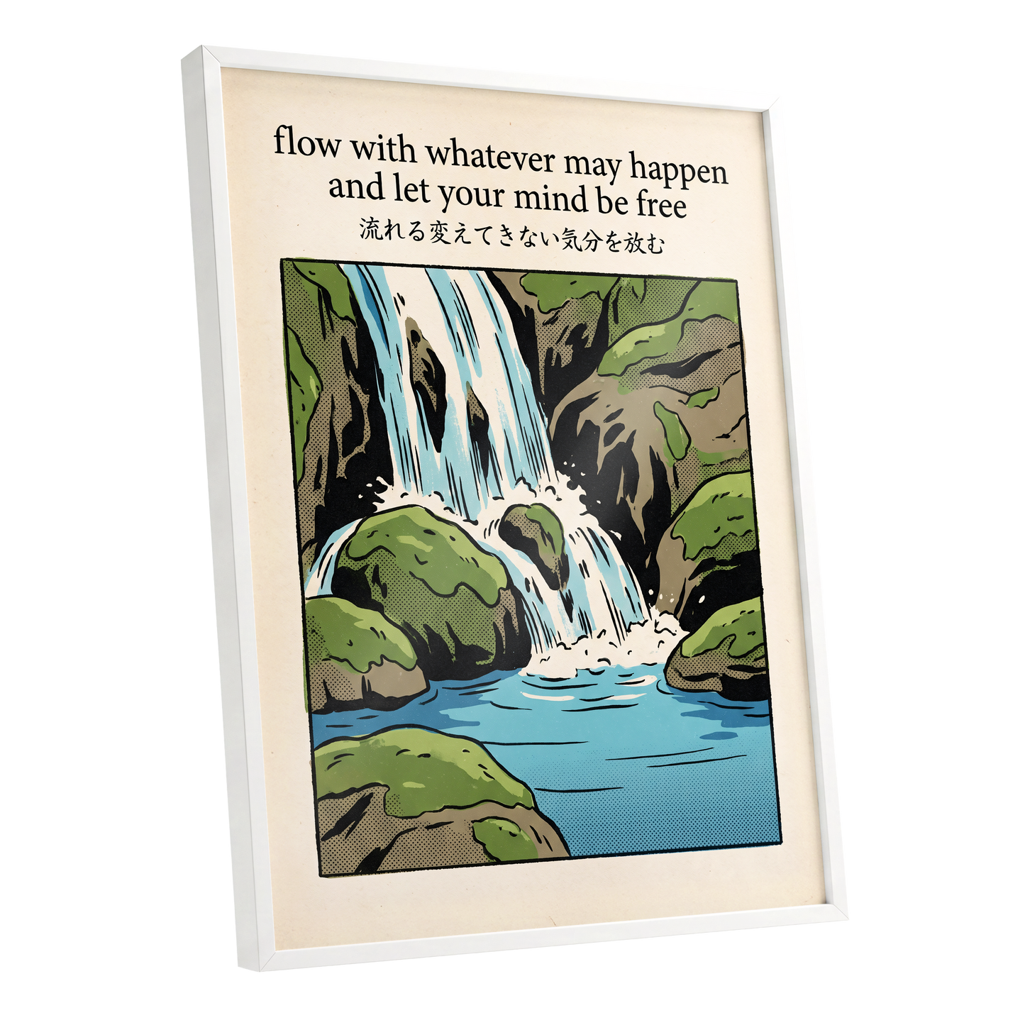 Free-Flowing Falls, beige, black, green nature wall art shown as a white framed poster wall art print