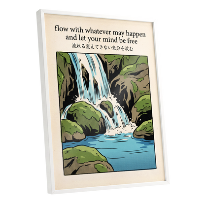Free-Flowing Falls, beige, black, green nature wall art shown as a white framed poster wall art print
