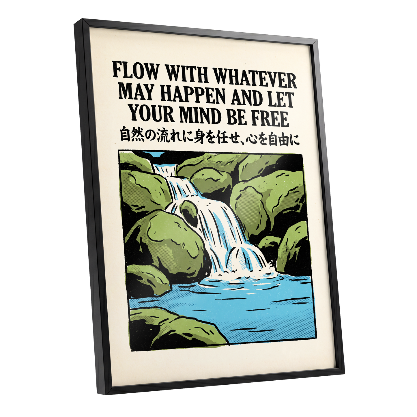 Freedom in the Flow, black, green, beige nature wall art shown as a black framed poster wall art print