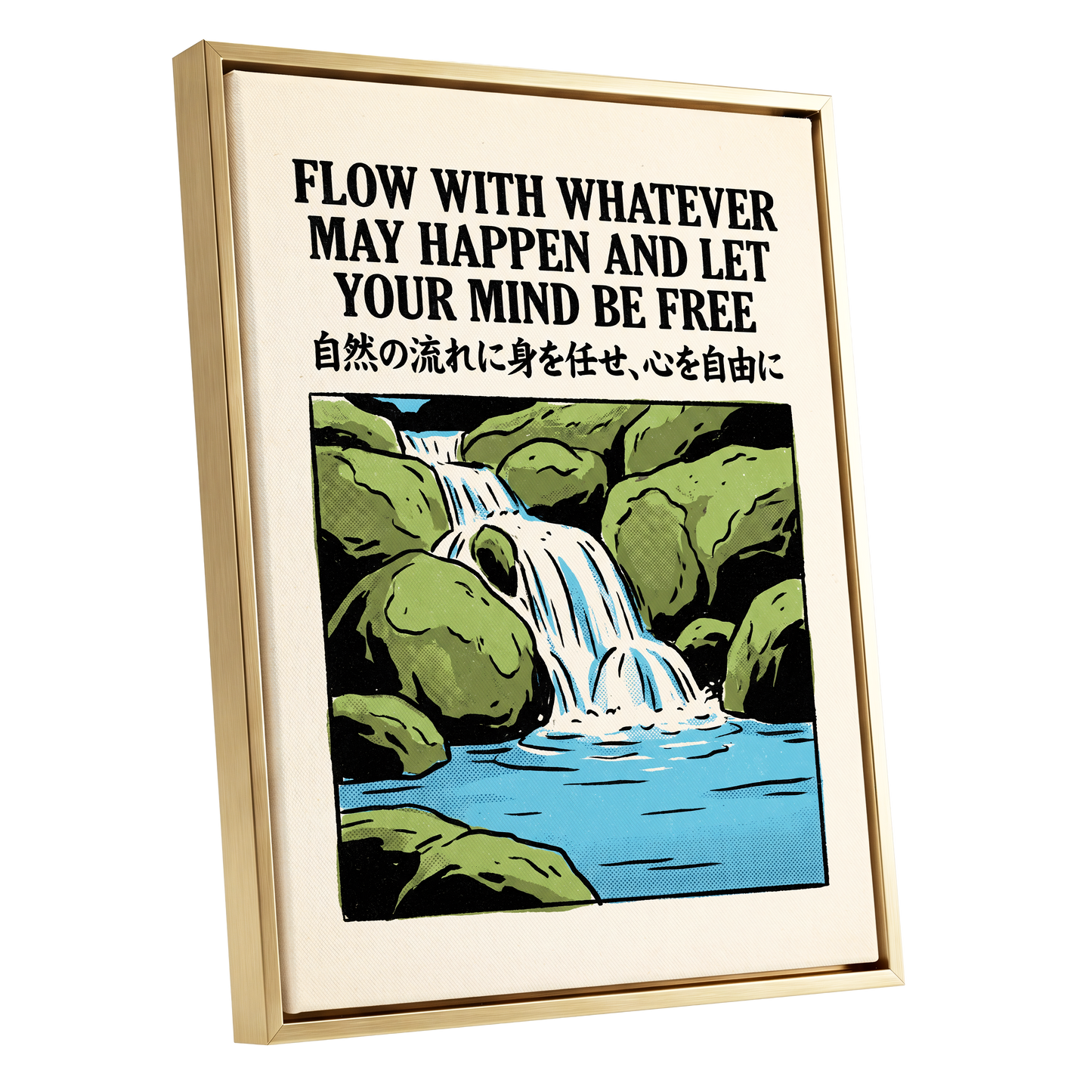 Freedom in the Flow, black, green, beige nature wall art shown as a gold framed canvas wall art