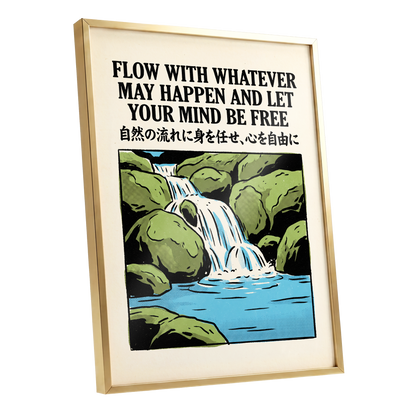 Freedom in the Flow, black, green, beige nature wall art shown as a gold framed poster wall art print
