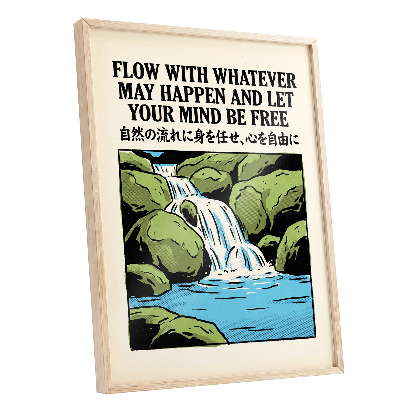 Freedom in the Flow, black, green, beige nature wall art shown as a oak framed poster wall art print