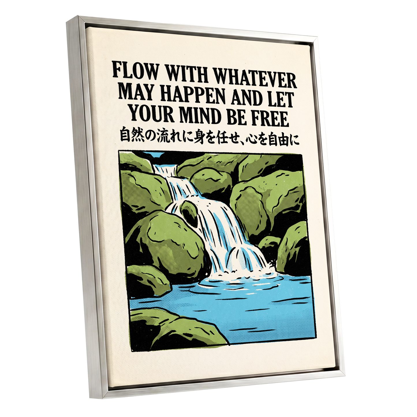 Freedom in the Flow, black, green, beige nature wall art shown as a silver framed canvas wall art
