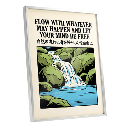 Freedom in the Flow, black, green, beige nature wall art shown as a silver framed poster wall art print