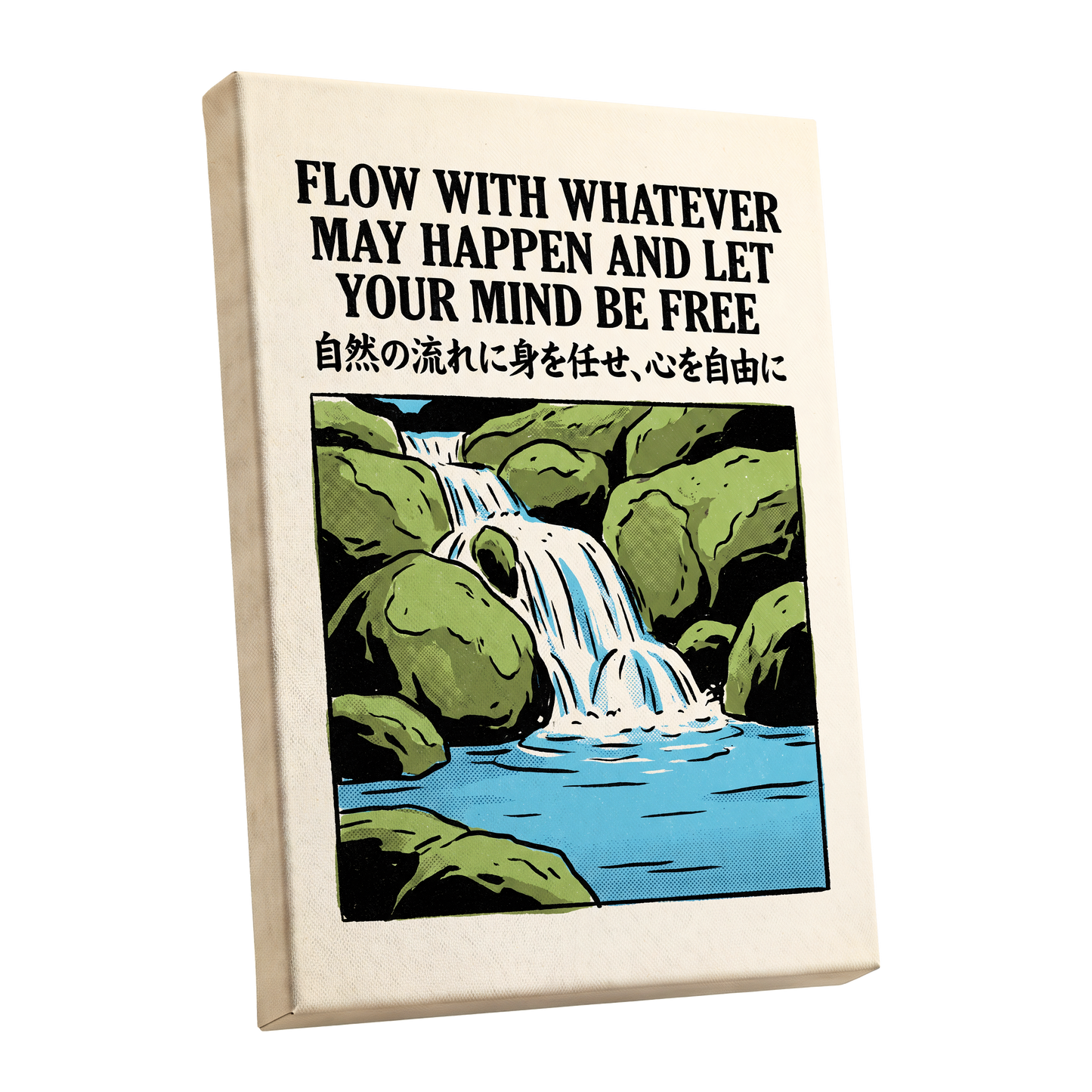 Freedom in the Flow, black, green, beige nature wall art shown as a stretched canvas wall art
