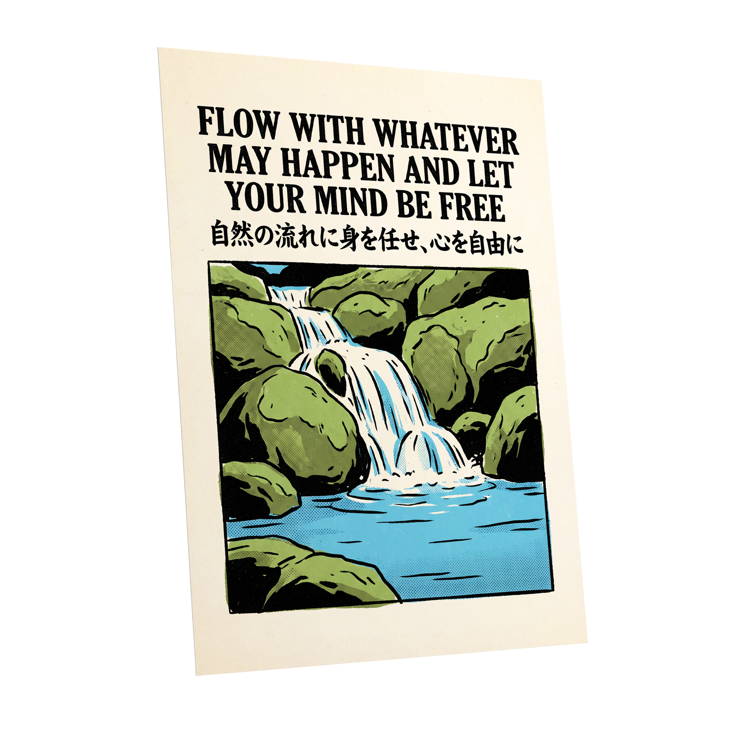 Freedom in the Flow, black, green, beige nature wall art shown as a unframed poster wall art print