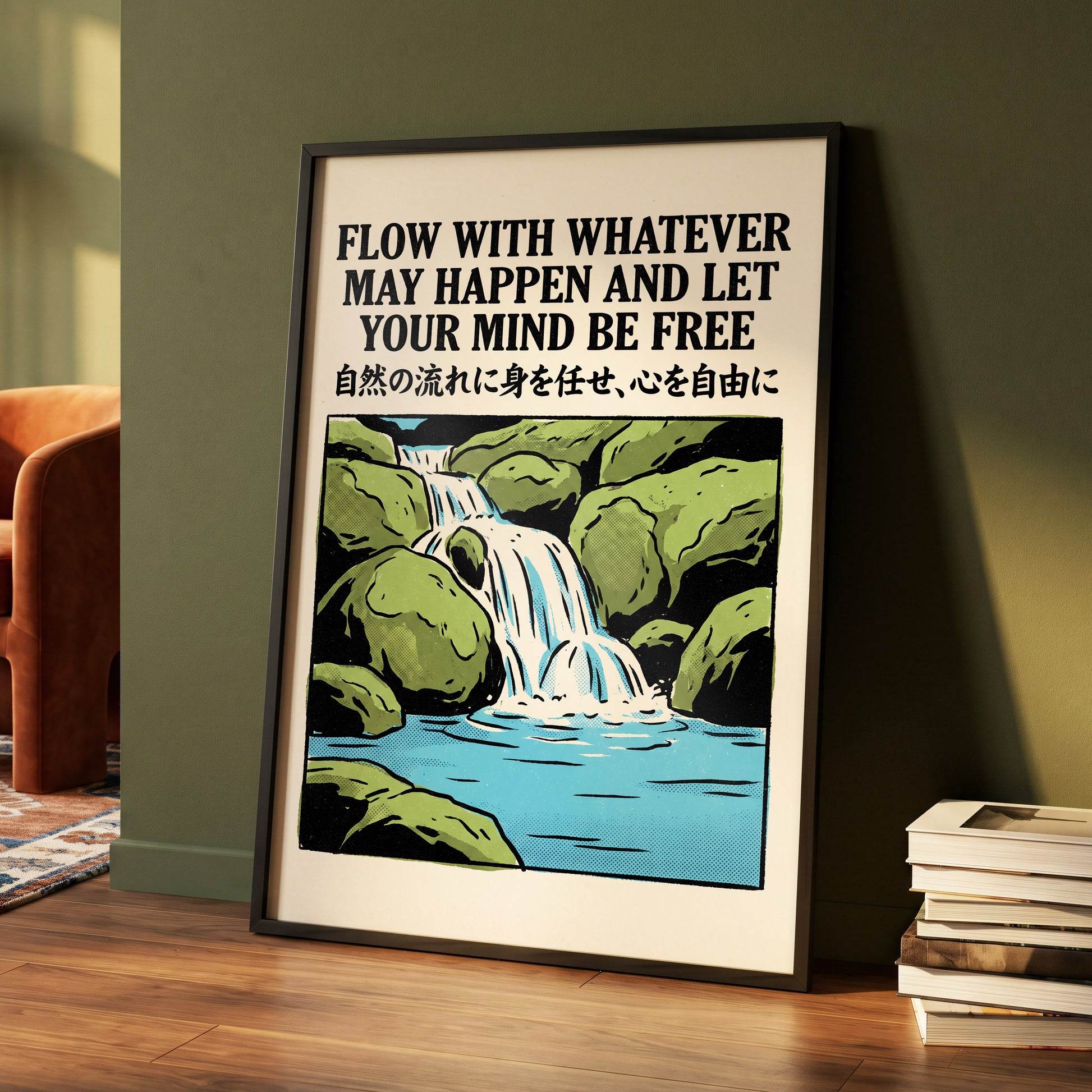 Freedom in the Flow, black, green, beige nature wall art displayed in a styled interior, gallery view 2