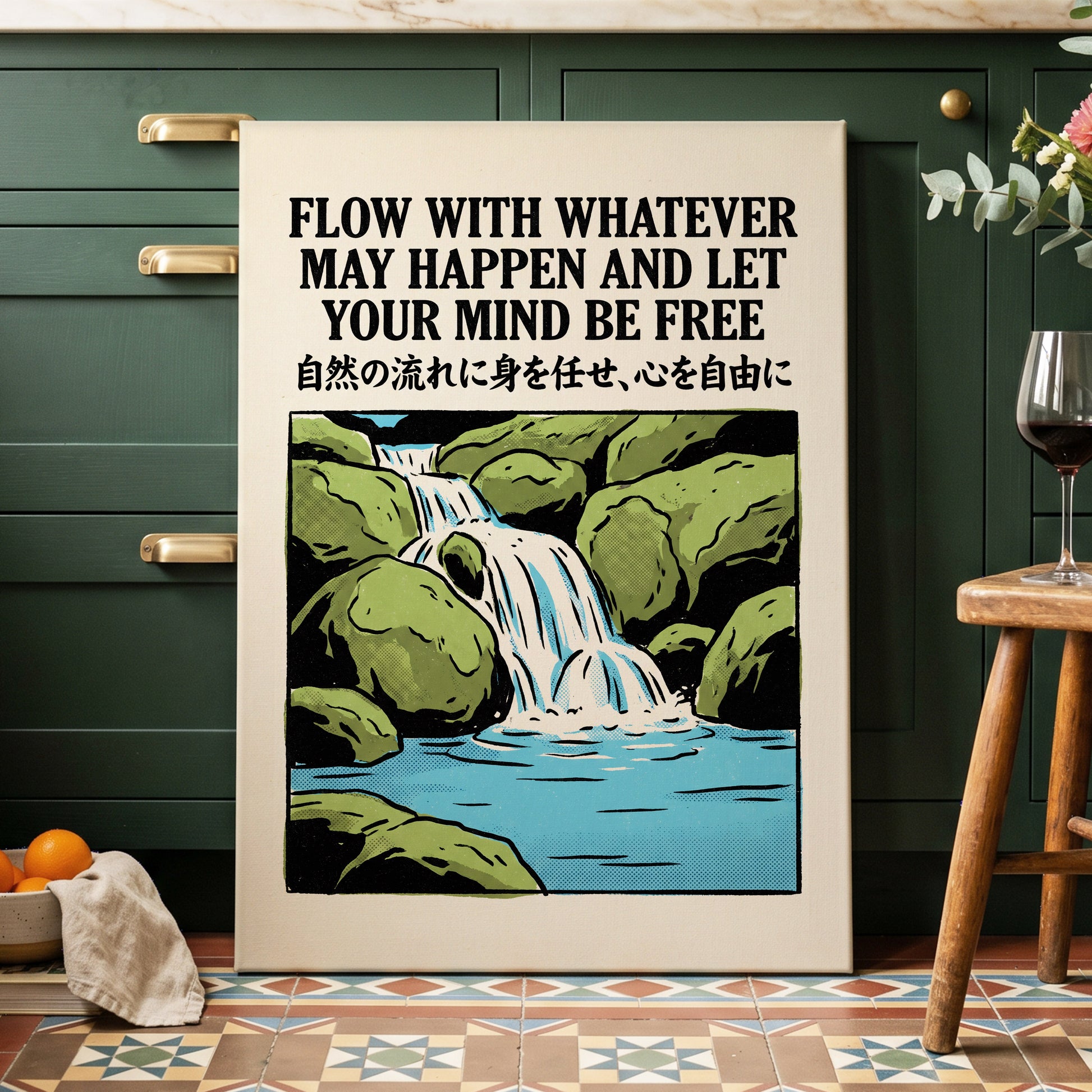 Freedom in the Flow, black, green, beige nature wall art displayed in a styled interior, gallery view 3