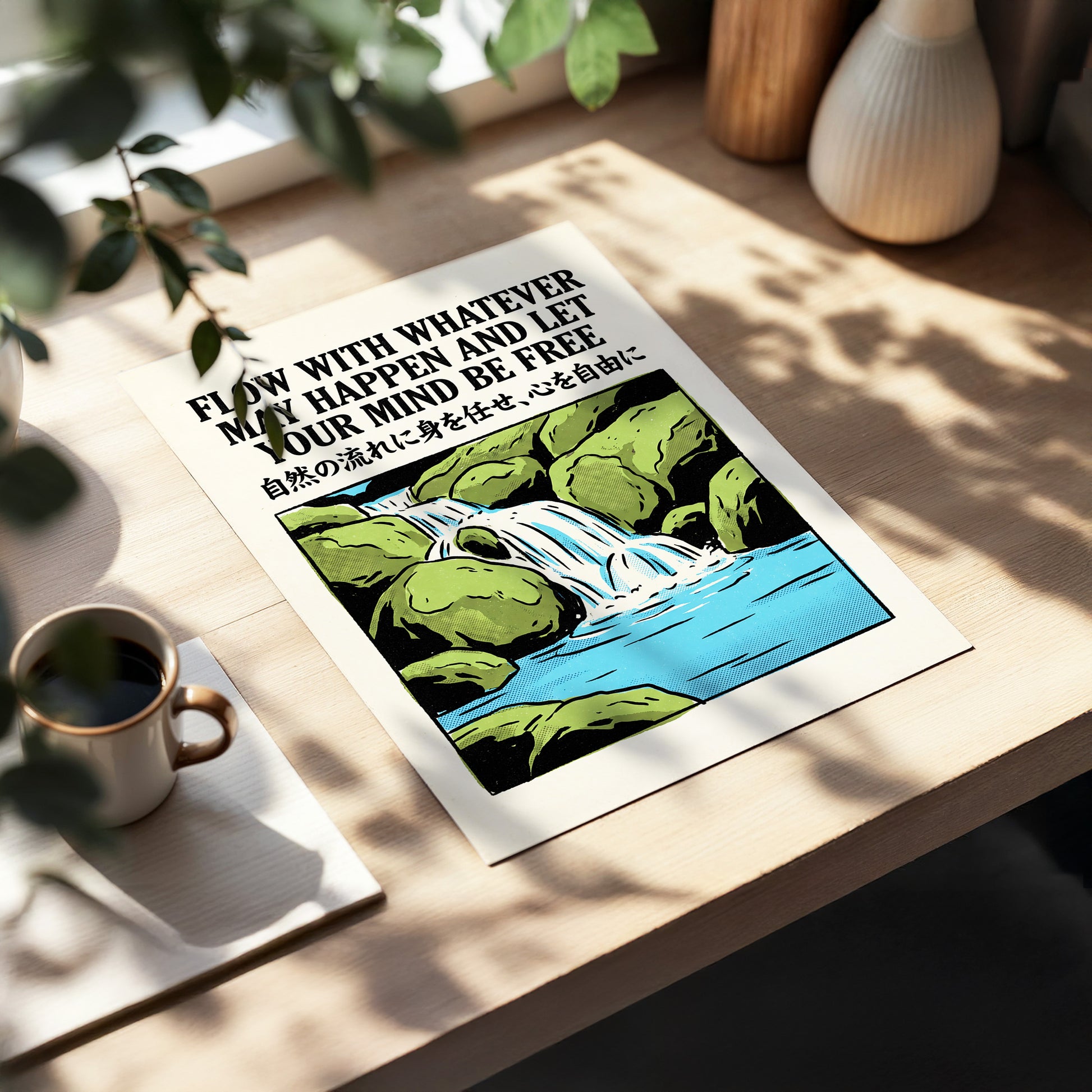 Freedom in the Flow, black, green, beige nature wall art displayed in a styled interior, gallery view 5