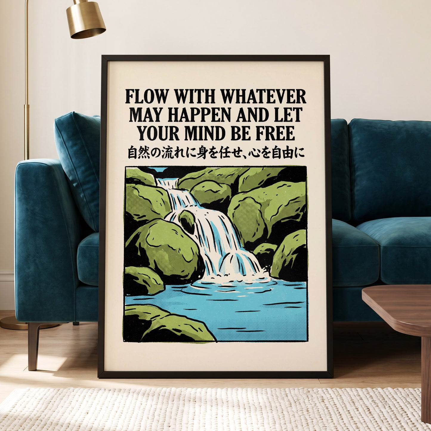 Freedom in the Flow, black, green, beige nature wall art displayed in a styled interior, gallery view 6