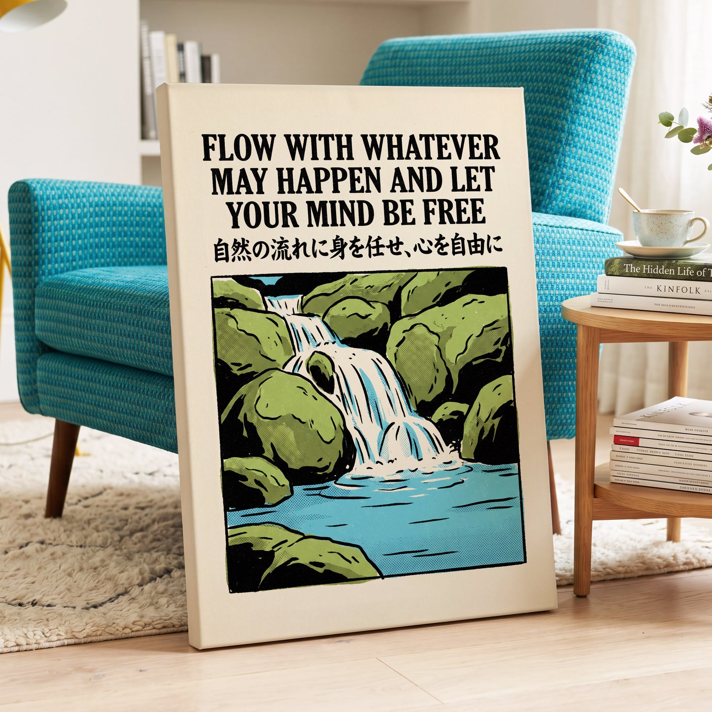 Freedom in the Flow, black, green, beige nature wall art displayed in a styled interior, gallery view 7
