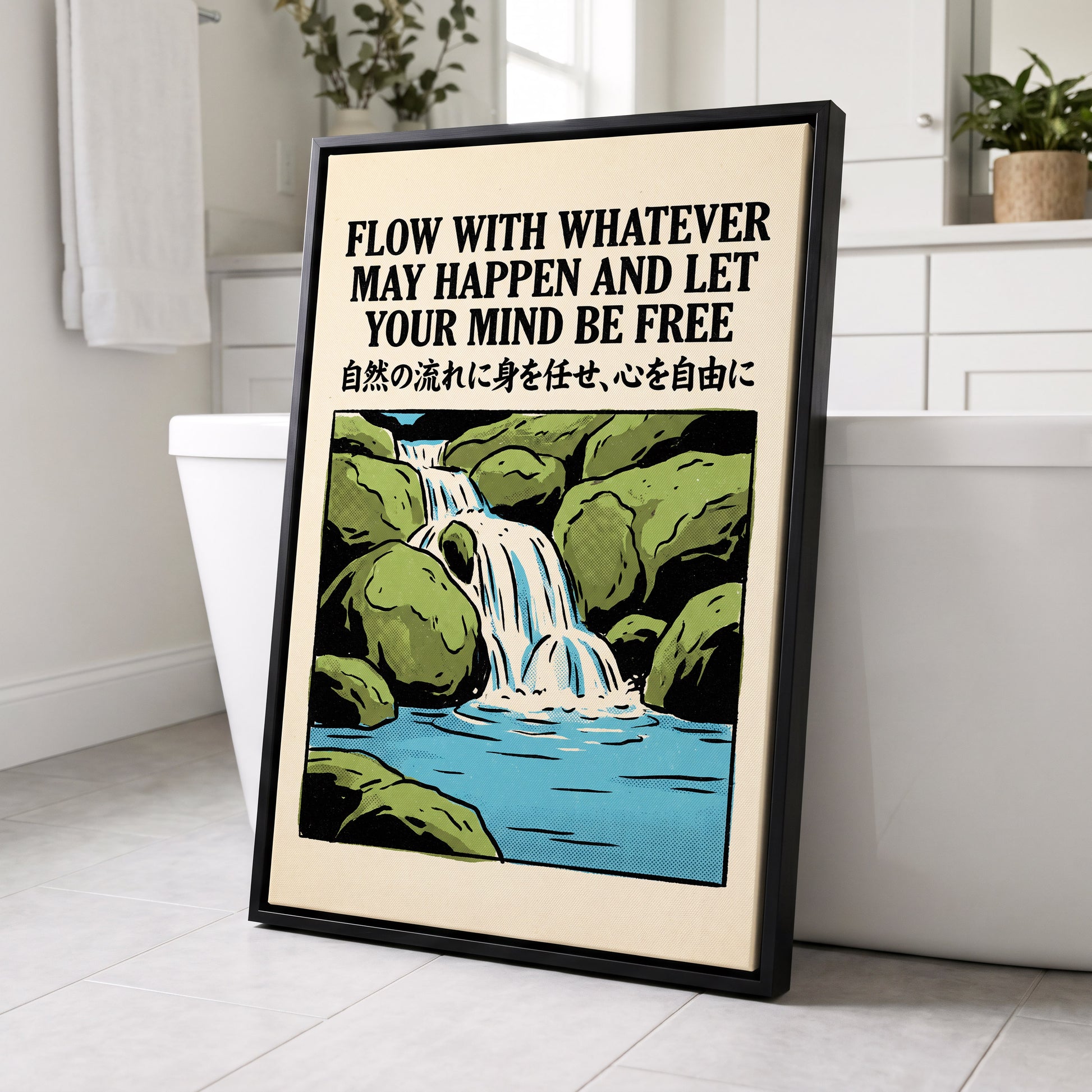 Freedom in the Flow, black, green, beige nature wall art displayed in a styled interior, gallery view 8