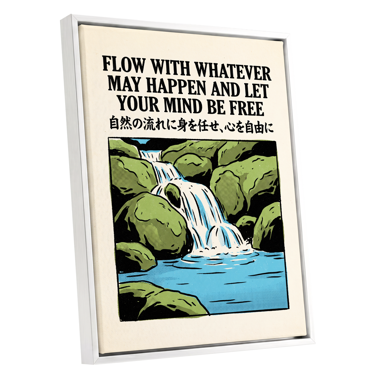 Freedom in the Flow, black, green, beige nature wall art shown as a white framed canvas wall art