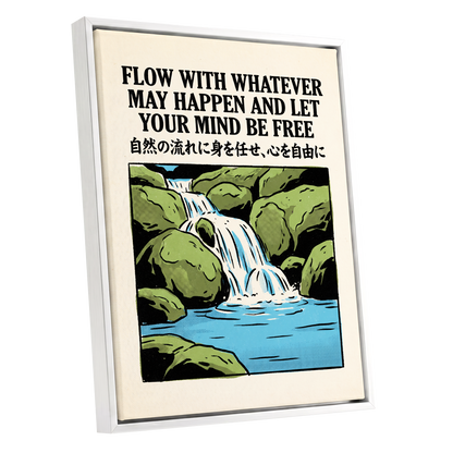 Freedom in the Flow, black, green, beige nature wall art shown as a white framed canvas wall art
