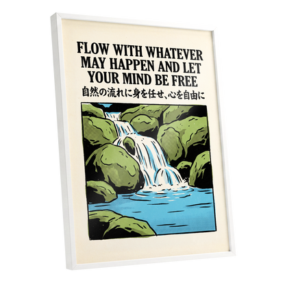 Freedom in the Flow, black, green, beige nature wall art shown as a white framed poster wall art print