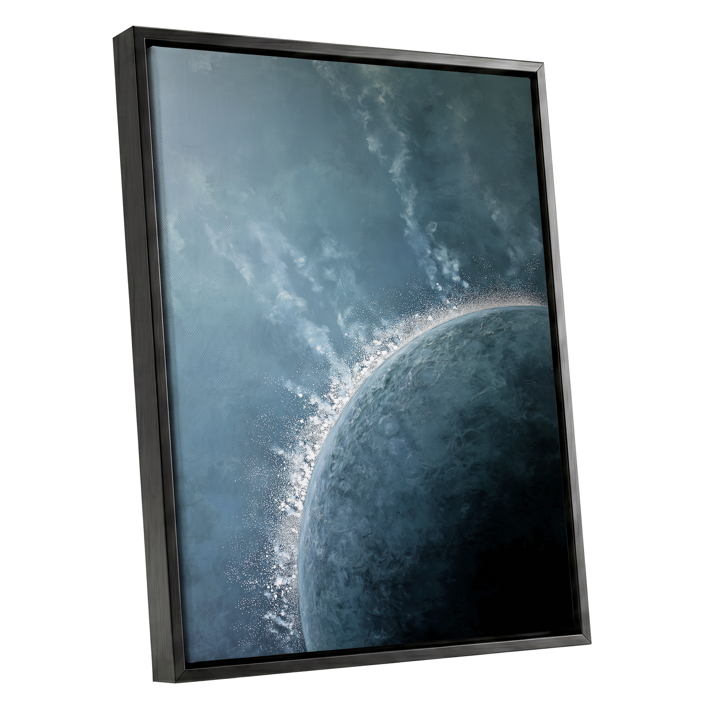 Frostline Eclipse, blue, gray, white nature wall art shown as a black framed canvas wall art