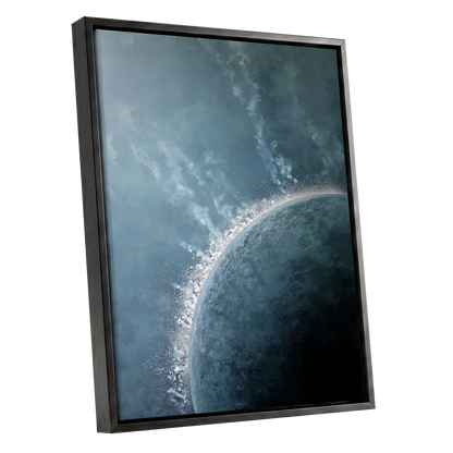Frostline Eclipse, blue, gray, white nature wall art shown as a black framed canvas wall art