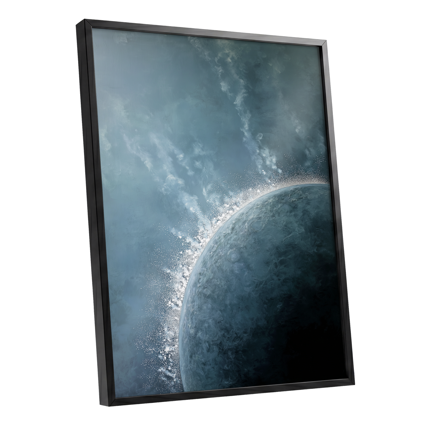 Frostline Eclipse, blue, gray, white nature wall art shown as a black framed poster wall art print