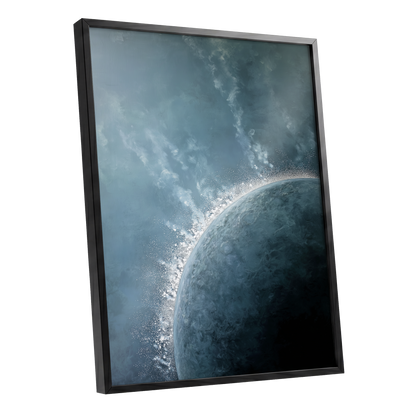Frostline Eclipse, blue, gray, white nature wall art shown as a black framed poster wall art print
