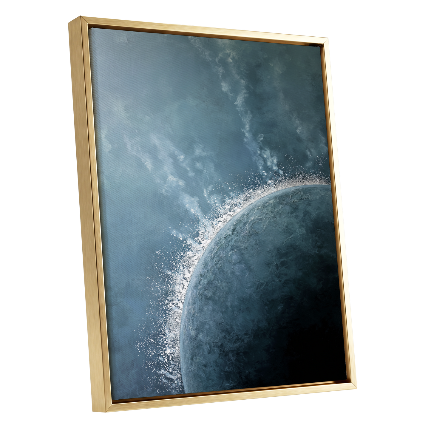 Frostline Eclipse, blue, gray, white nature wall art shown as a gold framed canvas wall art