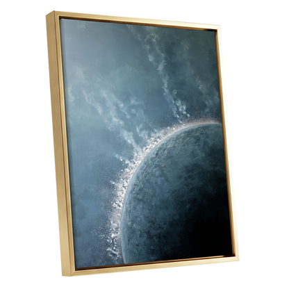 Frostline Eclipse, blue, gray, white nature wall art shown as a gold framed canvas wall art