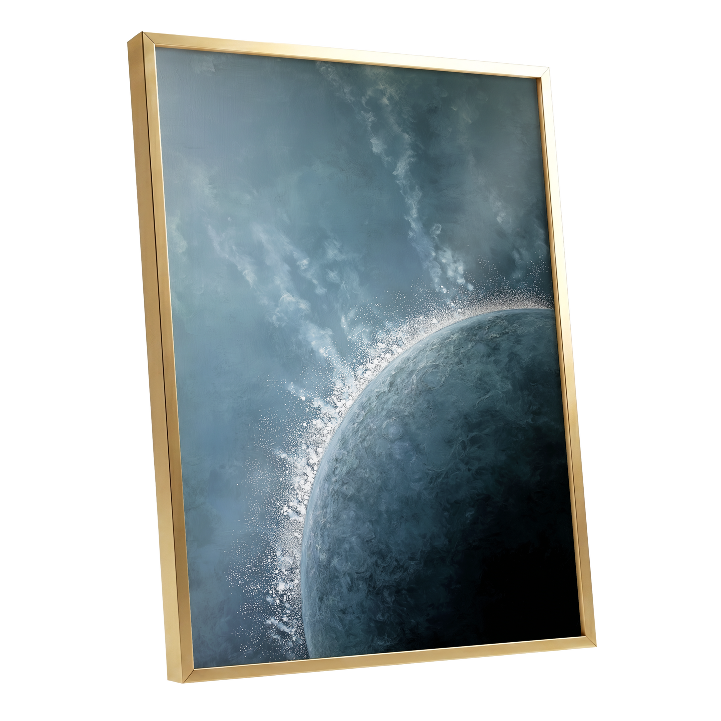 Frostline Eclipse, blue, gray, white nature wall art shown as a gold framed poster wall art print