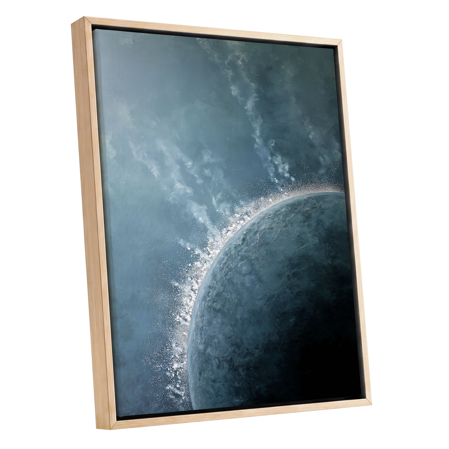 Frostline Eclipse, blue, gray, white nature wall art shown as a oak framed canvas wall art