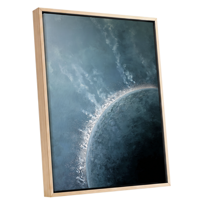 Frostline Eclipse, blue, gray, white nature wall art shown as a oak framed canvas wall art