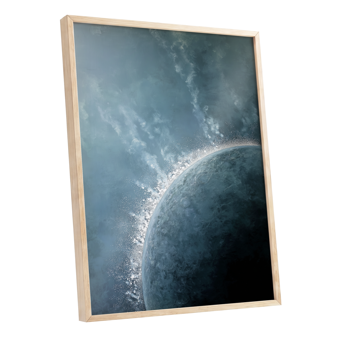 Frostline Eclipse, blue, gray, white nature wall art shown as a oak framed poster wall art print