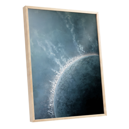 Frostline Eclipse, blue, gray, white nature wall art shown as a oak framed poster wall art print