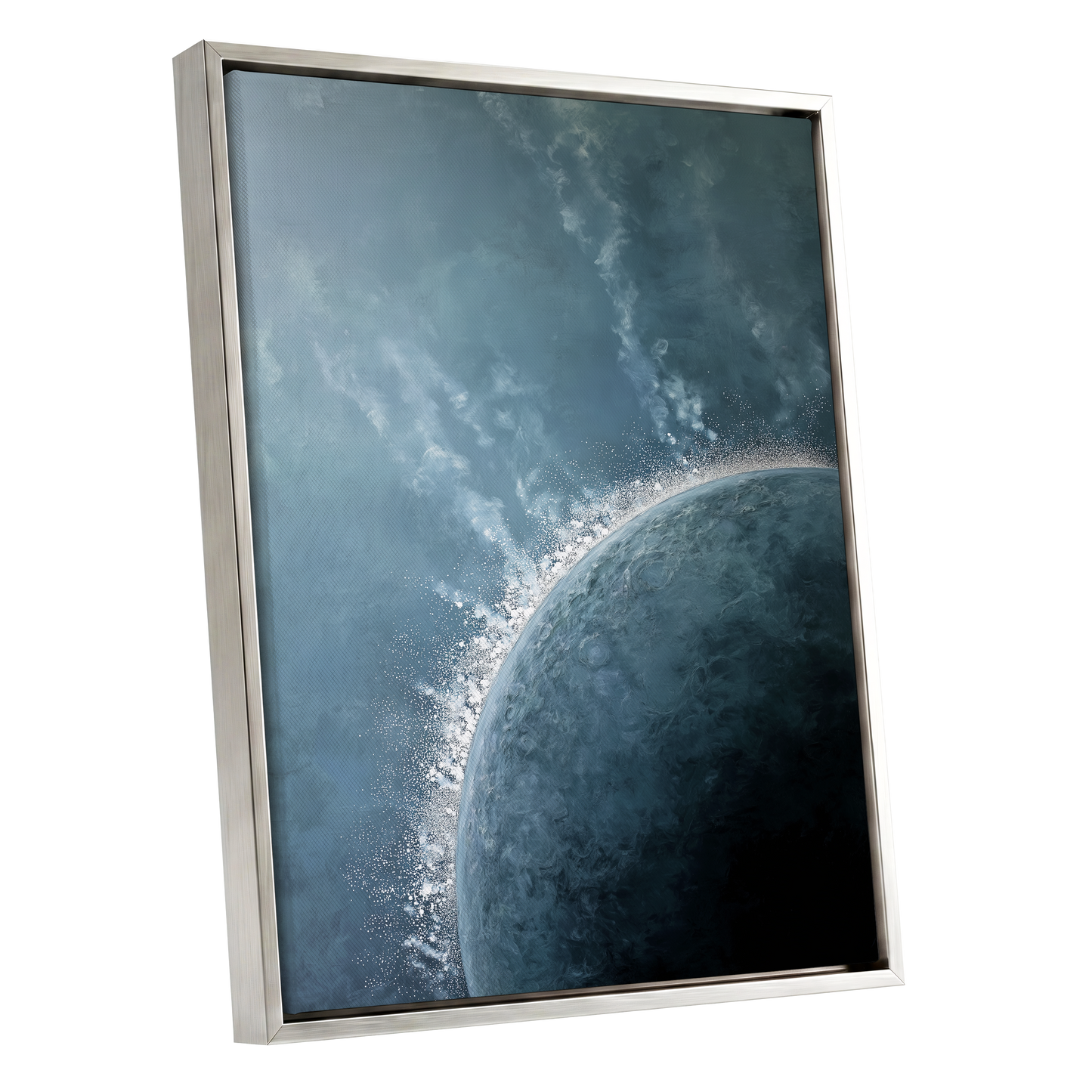 Frostline Eclipse, blue, gray, white nature wall art shown as a silver framed canvas wall art