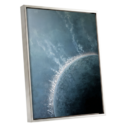 Frostline Eclipse, blue, gray, white nature wall art shown as a silver framed canvas wall art
